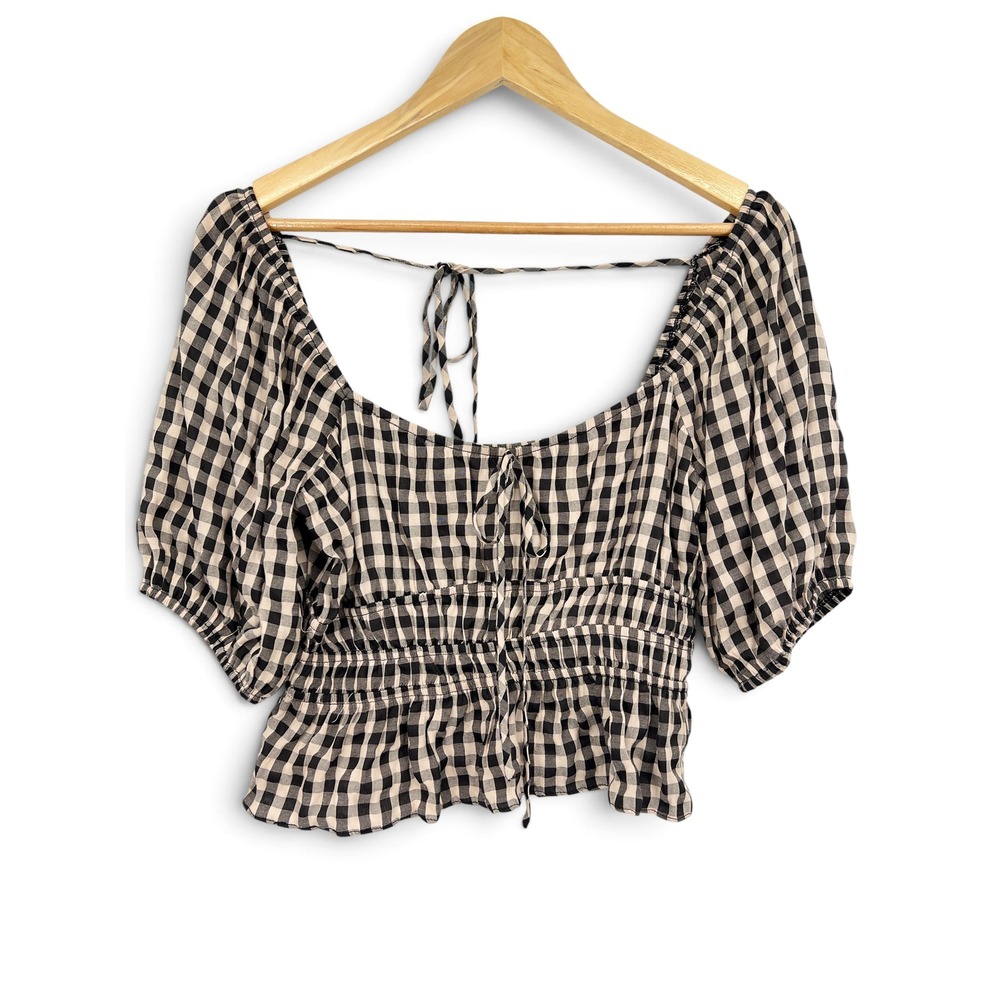 Urban Outfitters Black Gingham Smocked Puff Sleeve Crop Top Peplum Tie Back S
